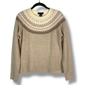 Vintage 90's Merino Wool Fair Isle Sweater Nordic Knit Size Medium Beige